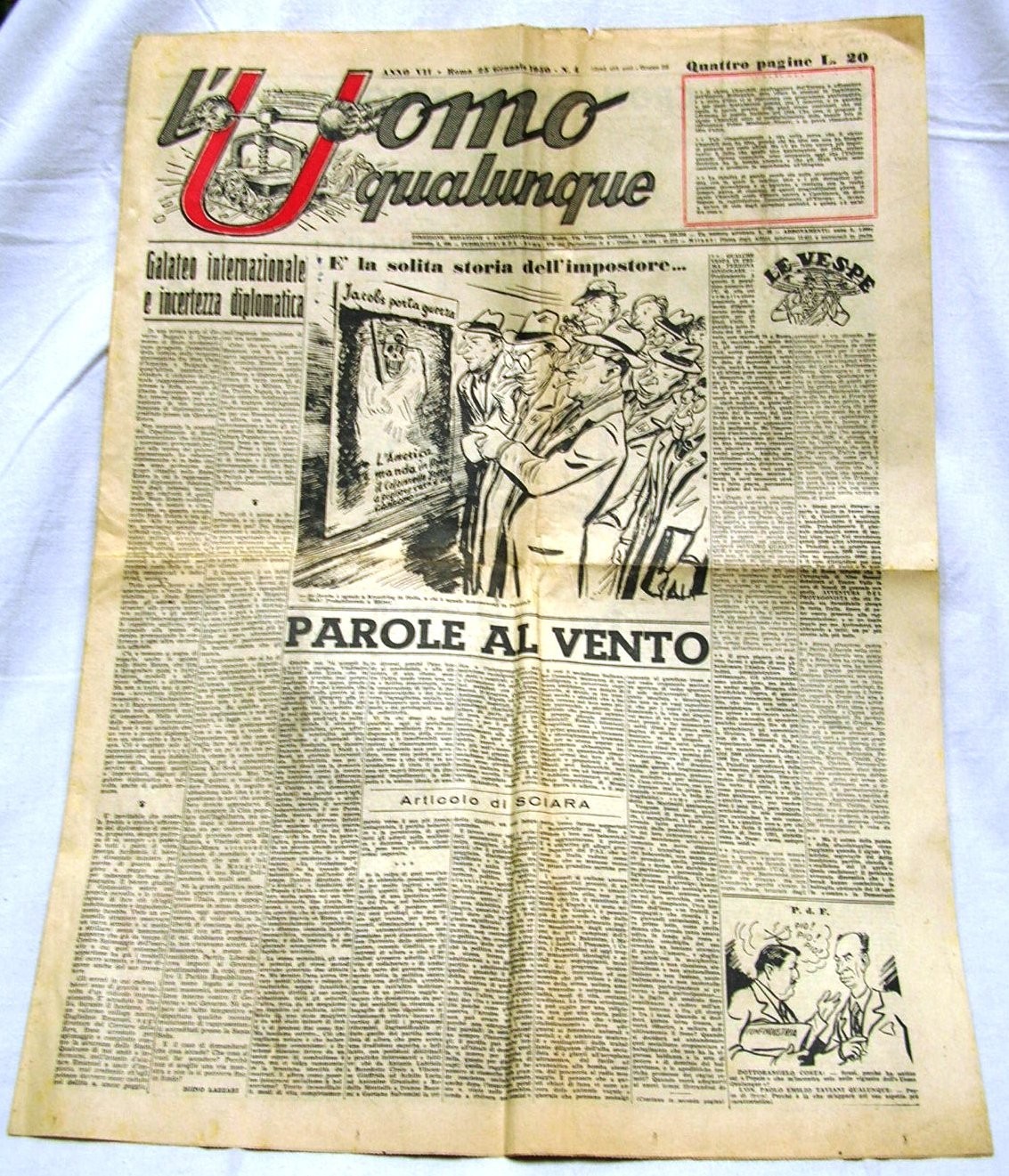 GIORNALE POLITICO SATIRICO L'UOMO QUALUNQUE ROMA GENNAIO 1950