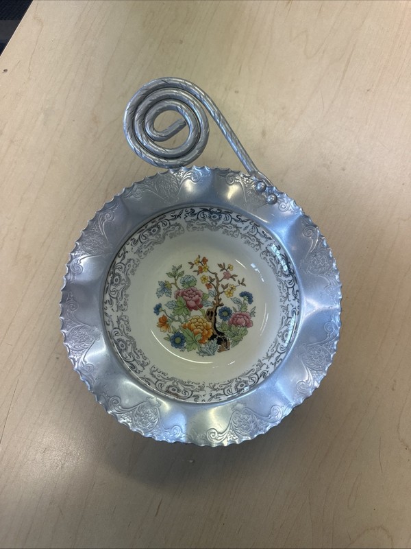 VTG Farber & Shlevin Hammered Aluminum & porcelain Bowl floral dish