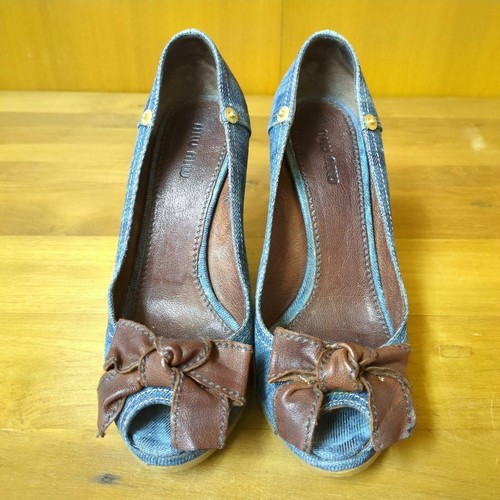 Miu Miu Blue Denim Wedge Peep-Toe Heels with Brown Leather Bows - EU 37 JAPAN - Picture 3 of 24