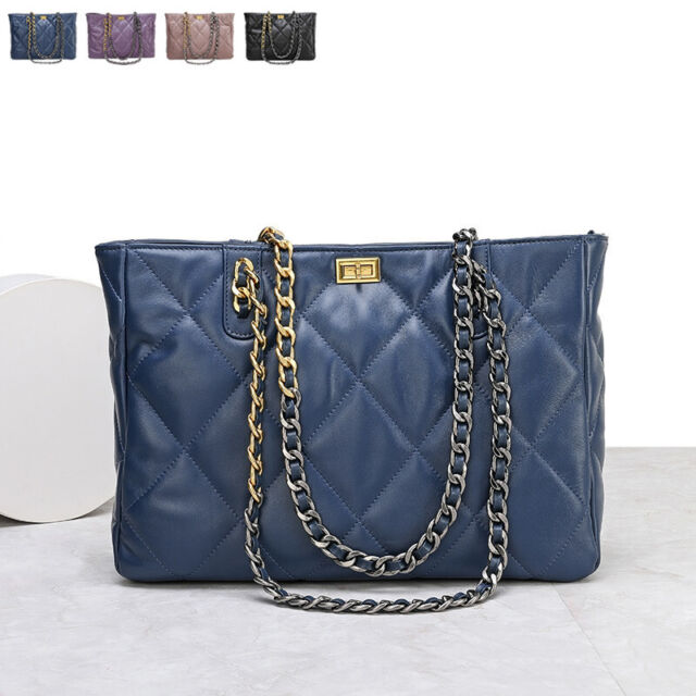 Quilted Sheepskin Leather Shoulder Bag Tote Handbag w/ Chains Purse Fashion