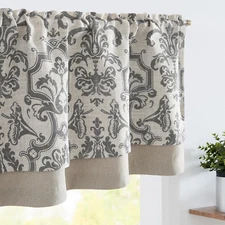 Vintage Damask Floral Linen Valance Curtain - Gray & Beige 18" Rod Pocket Panel