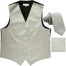 New Men's Silver formal vest Tuxedo Waistcoat 2.5" necktie hankie set wedding