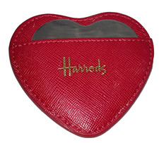 Harrods Heart compact metal travel mirror red faux leather case 3 1/8"