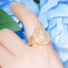 Adjustable Pear Drop Cubic Zirconia Yellow Gold Plated Engagement Ring Jewelry