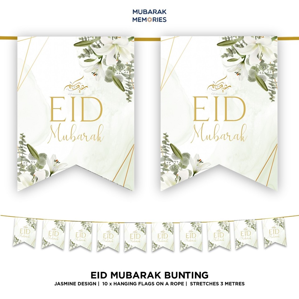Happy Eid Mubarak Decorations Bunting Hanging Party Flags (White Floral ...