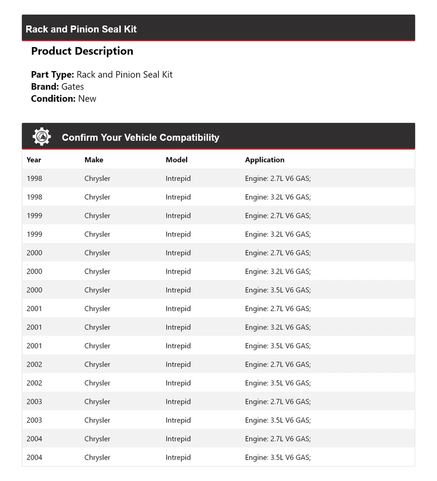 Kit de juntas de piñón y cremallera Chrysler Intrepid 1998-2004 puertas 1999 2000 2001 Foto 2 de 4