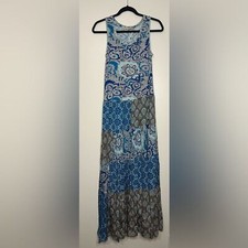 Soft Surroundings Boho Patchwork Maxi Dress Blue Brown Paisley XS Sleeveless
