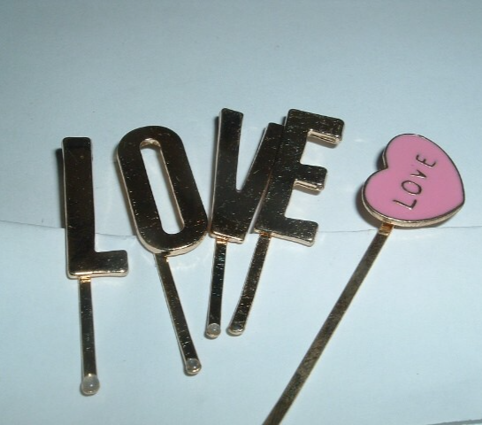 5 Golden Love Hair Bobby Pins 2 Inch with Tag