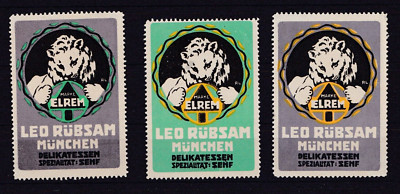 3 x artist advertising brand Elrem delicatessen mustard, Leo Rübsam, Munich, Lion