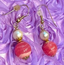 14k Yellow Gold, Rhodochrosite Beads & Pearl Dangle French Hook Earrings