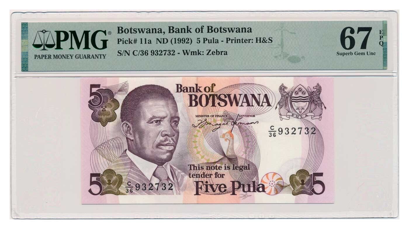 BOTSWANA banknote 5 Pula 1992 PMG grade MS 67 EPQ Superb Gem Uncirculated | eBay