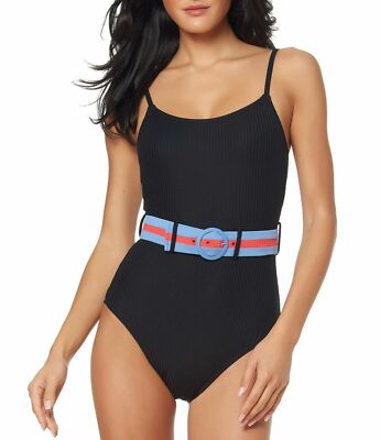 Jessica Simpson Ribbed Belted Scoop Neck One Piece Swimsuit Black Medium 1301 Ebay