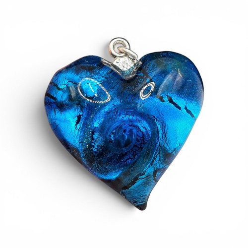Chunky Murano Art Glass Heart Pendant Blue Metallic Swirl Signed Murano