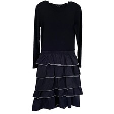 Zara Black Ruffle Tiered Long Sleeve Crewneck Midi Dress size L