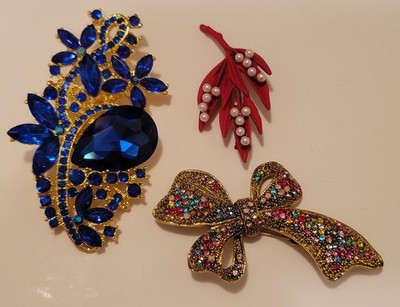 Gorgeous Rhinestone Blue Flower Multicolor Bow Leaf Brooch Pin Lot CA USA E515