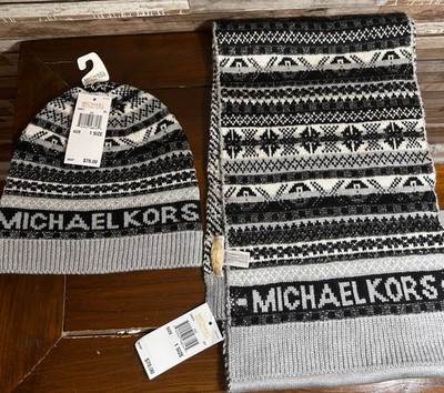 Michael Kors knit hat and scarf set black gray white geometric winter