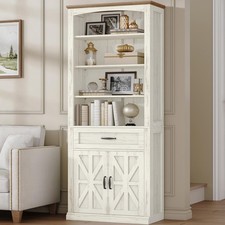 70.9" 7-Tier Bookshelf Drawer 2-Door Cabinet Adjustable Shelves White Brown