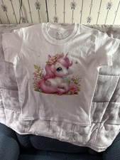 Gildan Girls Unicorn Graphic Print Cotton T-Shirt White/Pink Short Sleeve 5-6Y