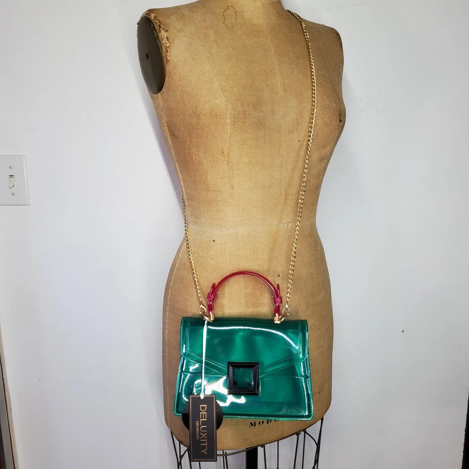 Deluxity 8x6x3" NUEVO Bolso Bandolera Jalea Verde Azulado Transparente Rosa Mango Superior Foto 4 de 4