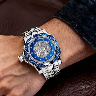 Men s Automatic Mechanical Watch Silver Blue Dragon Engraved Dial Luxury Modern