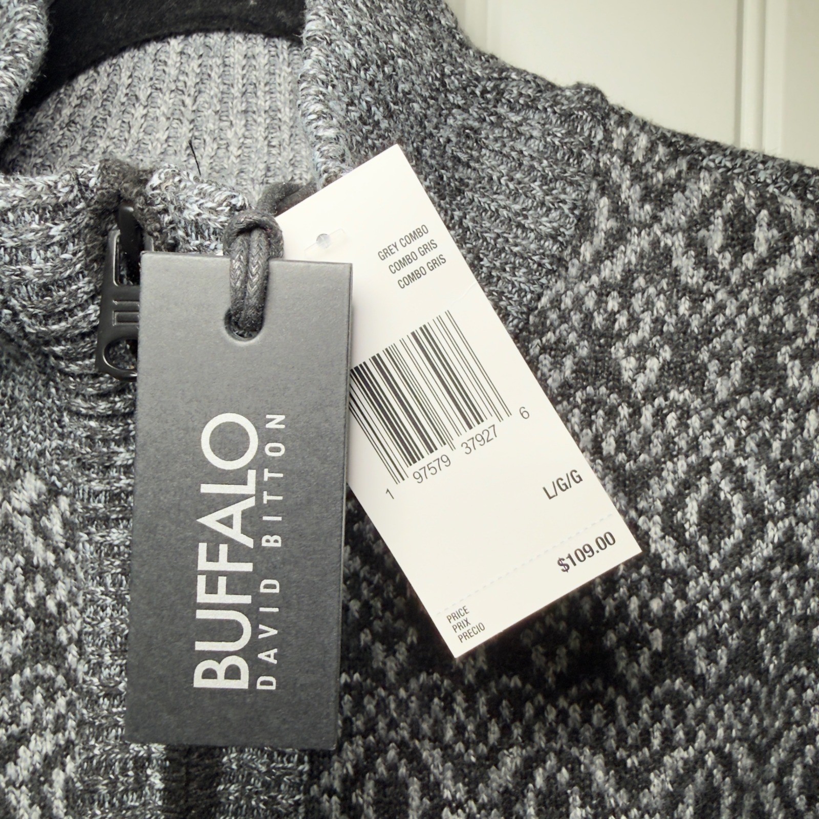 Buffalo David Bitton Large Winlow Relaxed Full Zip Jacquard Knit Sweater Grey