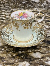 1949 PARAGON A388 ROSE FLORAL MINT GREEN DEMITASSE CUP & SAUCER SET