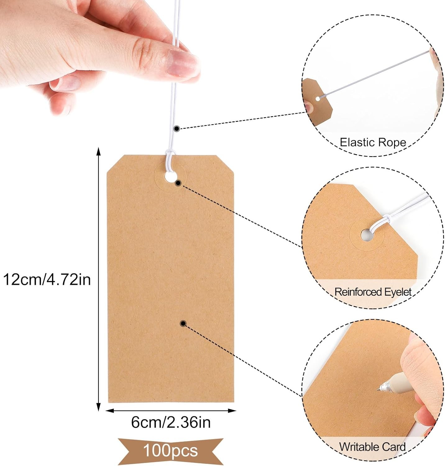 100pcs Brown Paper Shipping Tags with Elastic 4.72x 2.36inches, 100pack 