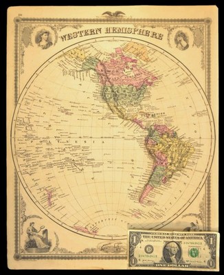 ca 1875 World Map of the Western Hemisphere Hand Colored Original Atlas Antique