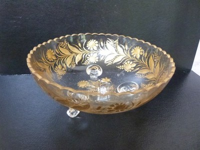 VTG MOSER? Crystal Intaglio Cut GOLD Footed Bowl Flower Ferns 8.25''Dx3.5''T