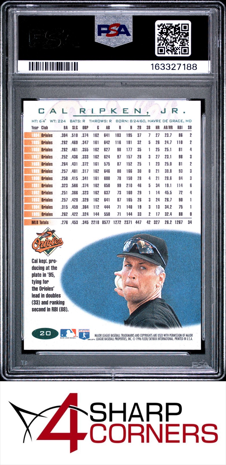 1996 FLEER #20 CAL RIPKEN JR. ORIOLES HOF PSA 10 view 2