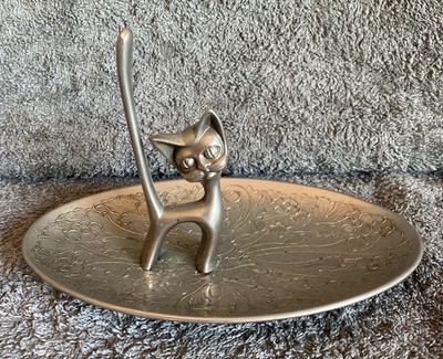 Seba versilberte Katze auf Schmuckschale mit Ringhalter (Schwanz) - sehr guter Zustand