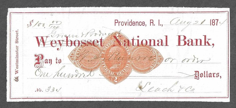 1874 Providence Rhode Island Check w/RN-D1 "Weybosset"