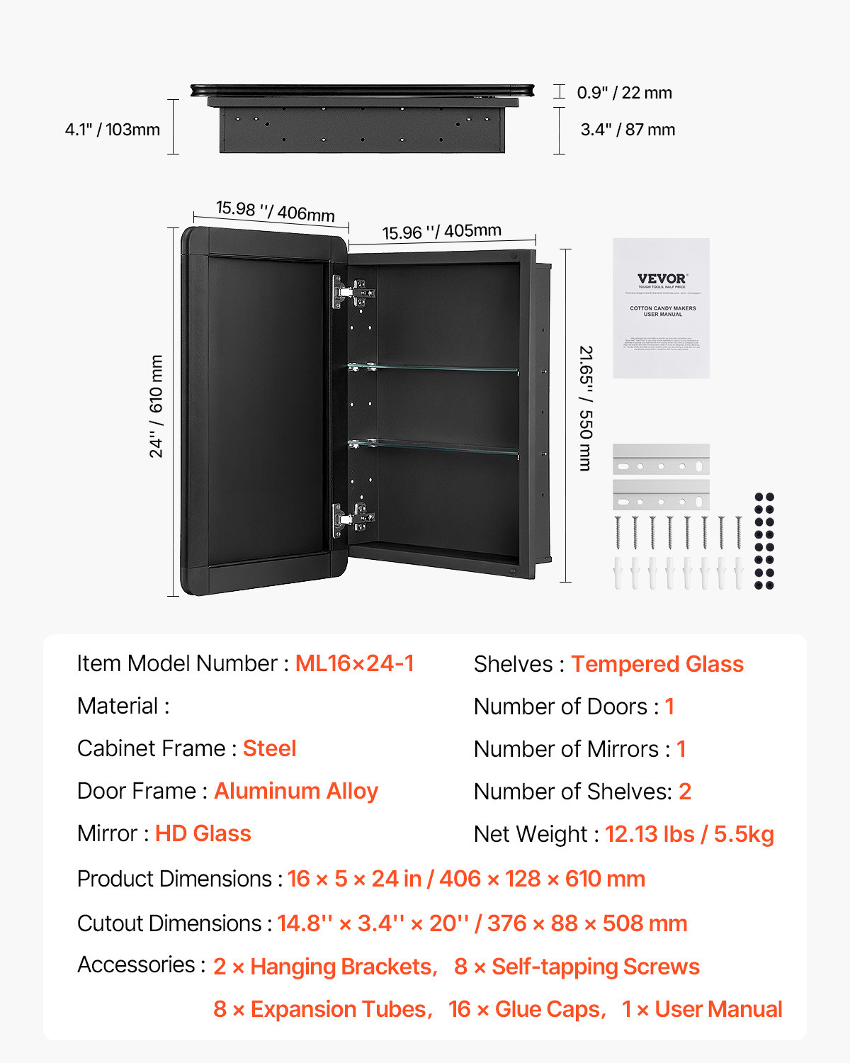 VEVOR Medicine Cabinet 16" x 24" Mirror Medicine Cabinet Adjustable Shelves