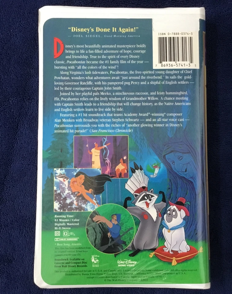 DISNEY NEW UNSEALED MASTERPIECE POCAHONTAS VHS TAPE w/Original Inserts  - Image 2 of 4