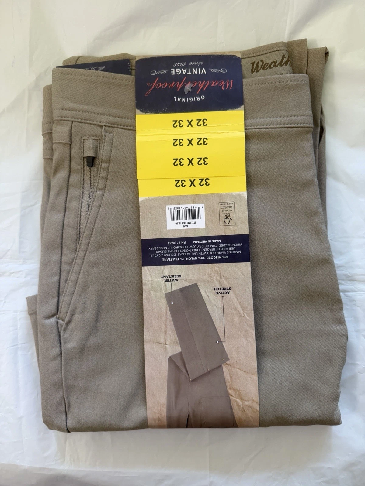 Weatherproof Vintage Men's Tech Pant Straight Fit Water Resistant Tan Size 32x32