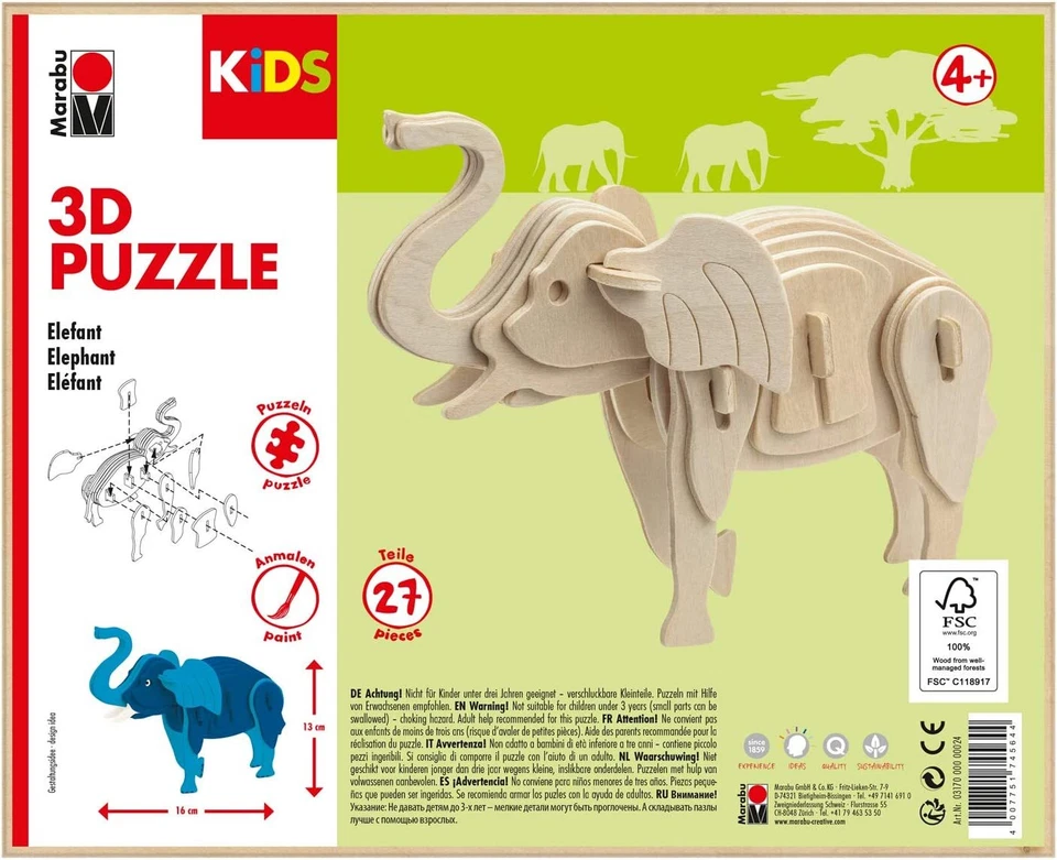 Marabu 3D Holz Puzzle Elefant Kinder Spielzeug 27 Teile ausmalbar neu