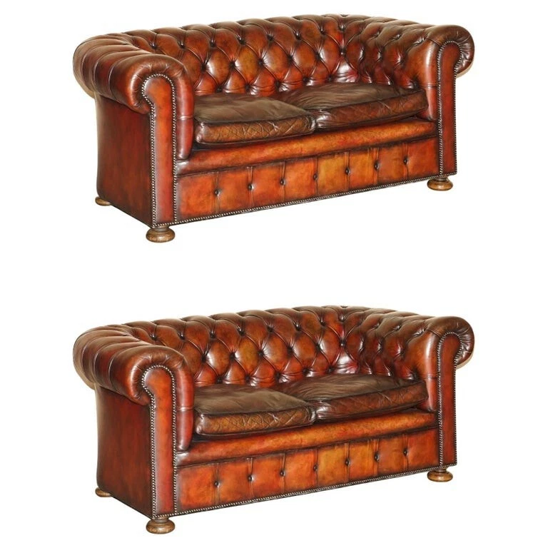 PAIR OF RESTORED ANTIQUE GENTLEMAN'S TUFTED CHESTERFIELD BROWN LEATHER SOFAS