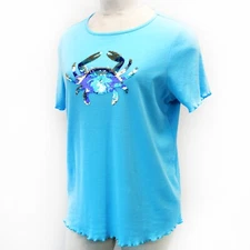 Quacker Factory Plus Blue Nautical Sequin Crab Crew Neck Shirt Top 1X