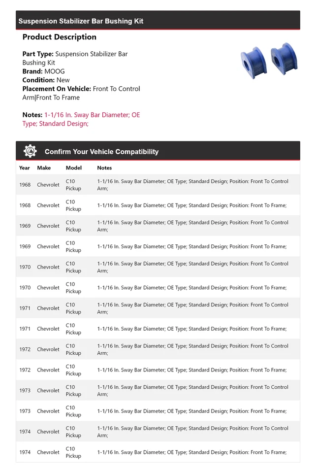 Kit de buje barra estabilizadora suspensión camioneta Chevrolet C10 1968-1974 MOOG Foto 2 de 4