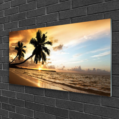 Peinture sur verre - Tableau mer - Plage - Horizon - Palmier - Mer - Paysage - 20x30