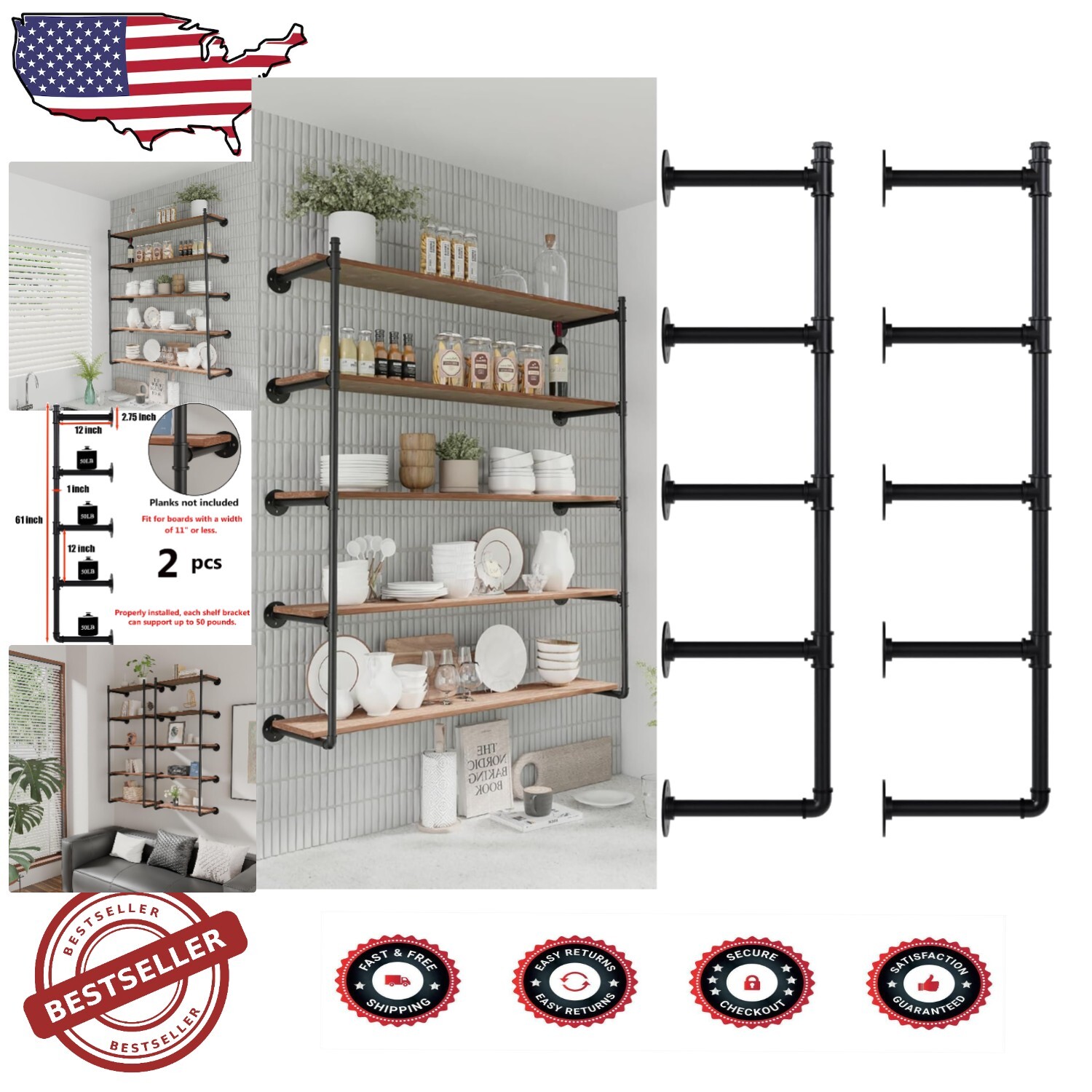Versatile Industrial Wall Mount Pipe Shelf - 5-Tier, Heavy Duty Features