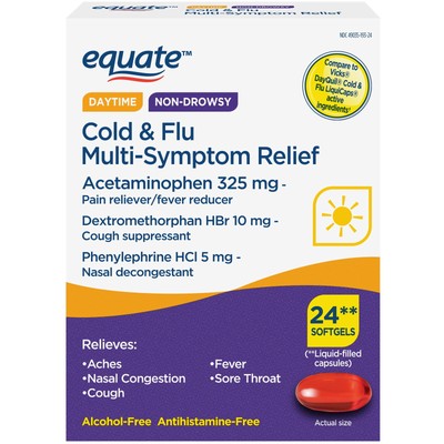 Equate Non-Drowsy Cold and Flu Multi-Symptom Relief Softgels, 24 Count