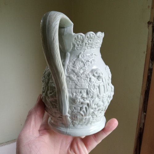 1840s RAISED RELIEF GRAY POTTERY PITCHER ODD SHEEP HEAD PEOPLE SCENE ODD COLOR - Picture 2 of 12