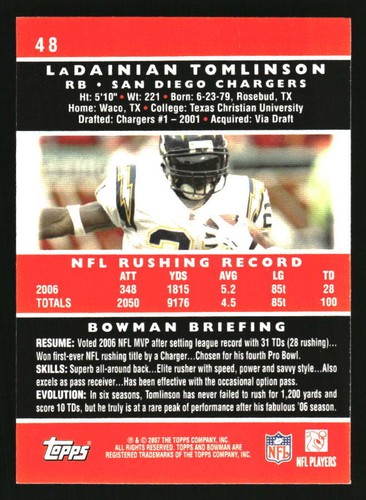 2007 Bowman #48 LaDainian Tomlinson - Picture 2 of 2