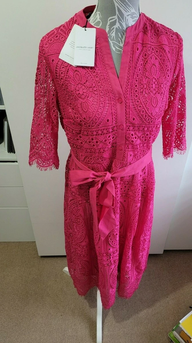 Jacques Vert Eyelash Guipure Lace Pink Midi Sleeve Tie Shirt Dress