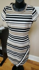 Juniors Almost Famous Size Medium Bodycon Black Tan and White Striped Dress 