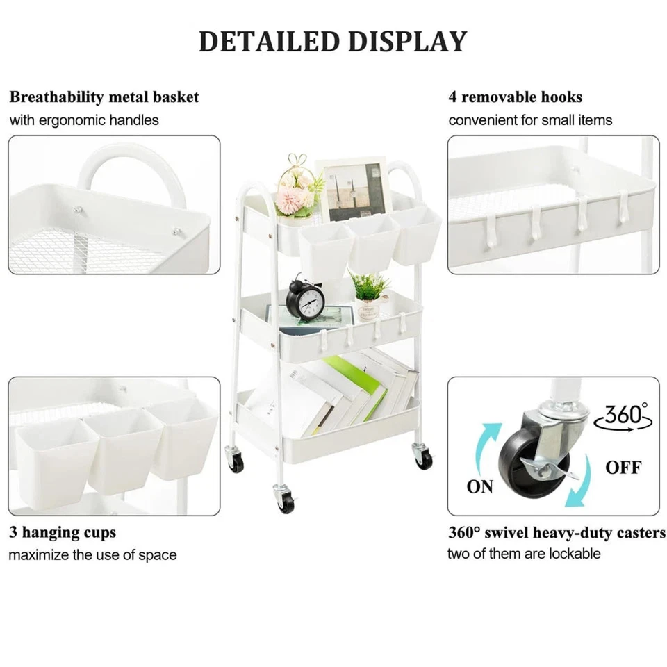 3 层滚动存储车带可上锁车轮、3 杯和 4 个钩 — 第 4/4 张图片