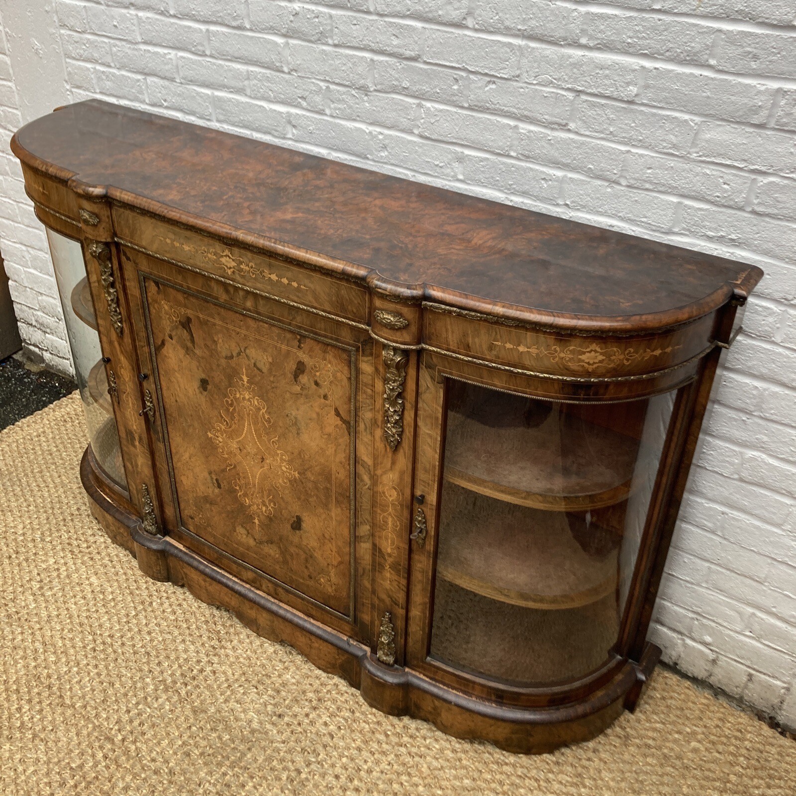 Antique Victorian Burr Walnut Bow Ended Credenza/Display (with