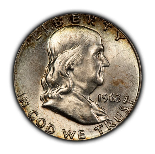 1963 50c Franklin Silver Half Dollar - Neon Rainbow Rim Toning - BU - SKU-H2861