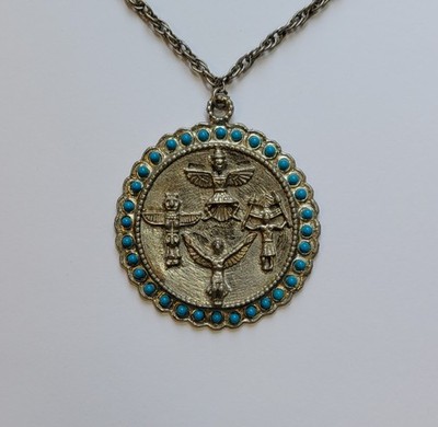 Native American Symbols Silver Plated With Turquoise Beads Pendant 24in Necklace